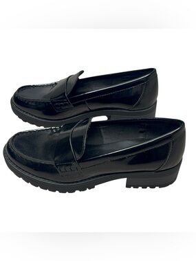 Chunky Sole Lug Loafer Black Faux Leather Flat slip on size 9